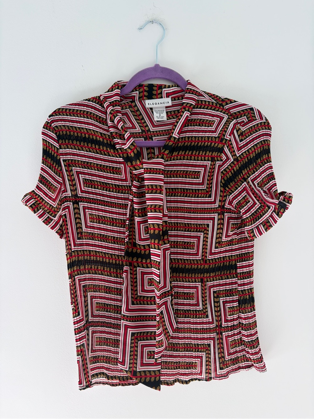 Red, Black, White, and Gold Geometric Tie-Neck Short Sleeve Shirt
